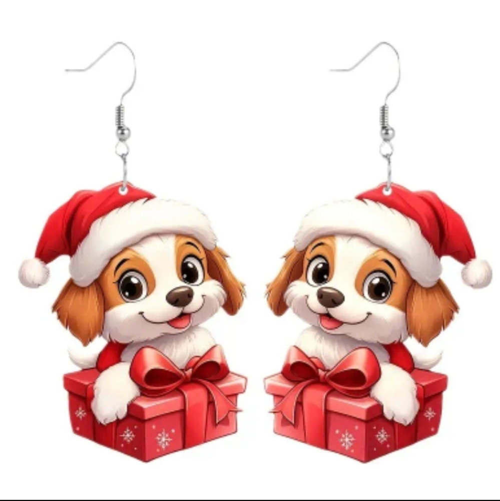 Adorable Holiday Acrylic Dangle Dog Earrings. NWOT